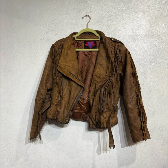 Verducci Brown Leather Moto Vintage Fringe Jacket Sz M - Picture 2 of 14
